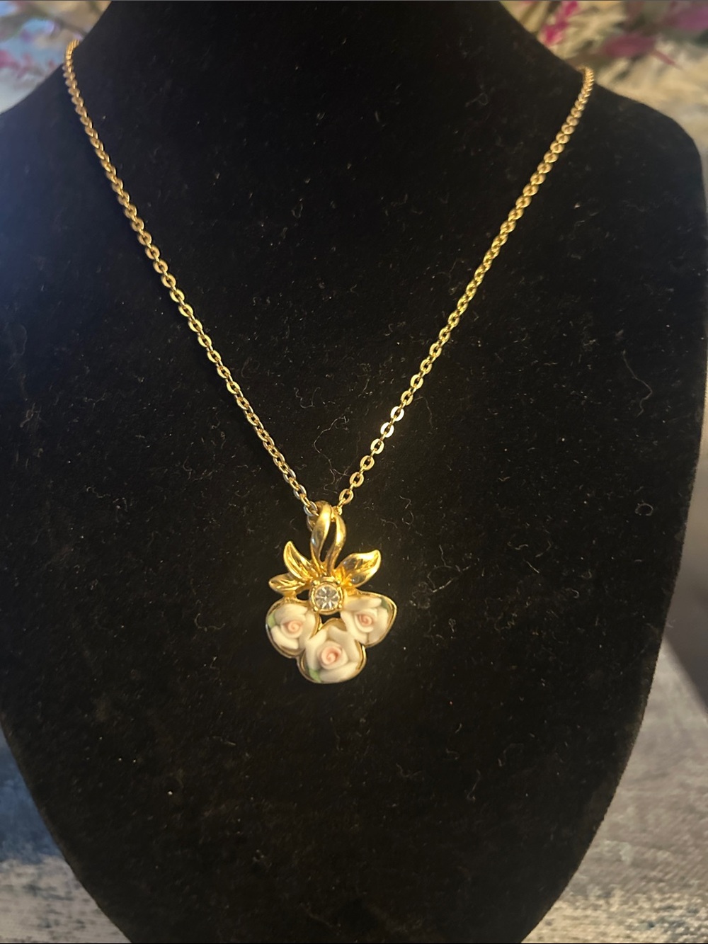 Gold Floral Pendant Necklace with Porcelain Rose Accents - Picture 2 of 2